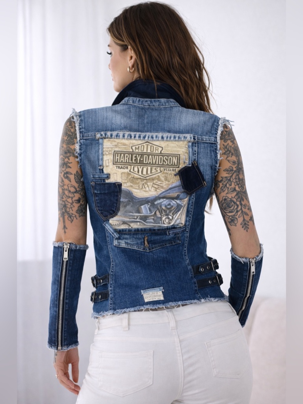 Upcycled Harley Davidson inspired Denim Moto Vest w cuffs & Patch details size S